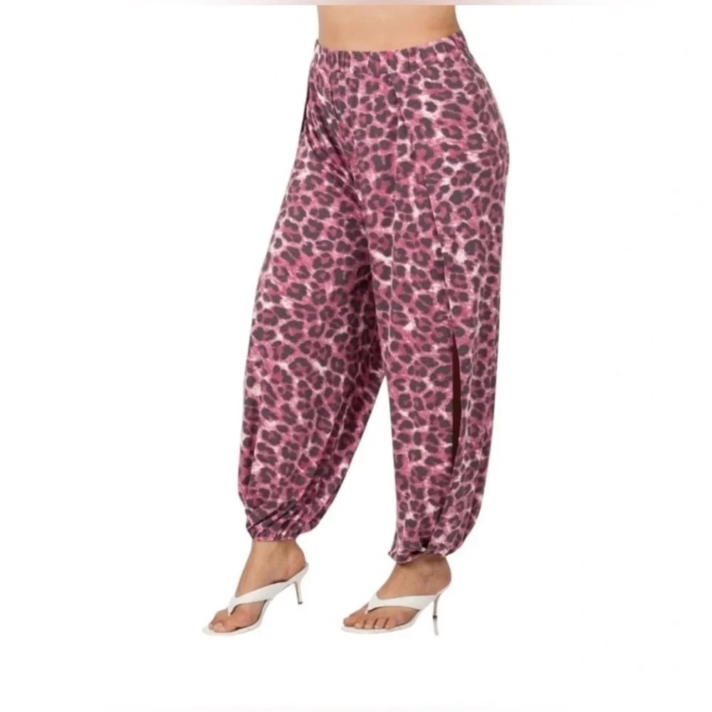 Zenana Leopard Print Split Side Pant Joggers Elastic Waist 2X Pink Cranberry NEW - Picture 2 of 14